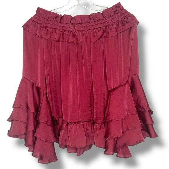 MISA Los Angeles Saskayi Off Shoulder Long Sleeve Tiered Ruffle Burgundy Blouse - Picture 4 of 11
